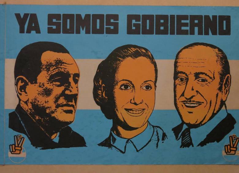Imagen de Perón, Evita y Cámpora sobre bandera argentina. Crédito: Archivo Juan Carlos Romero y archivosenuso.org.