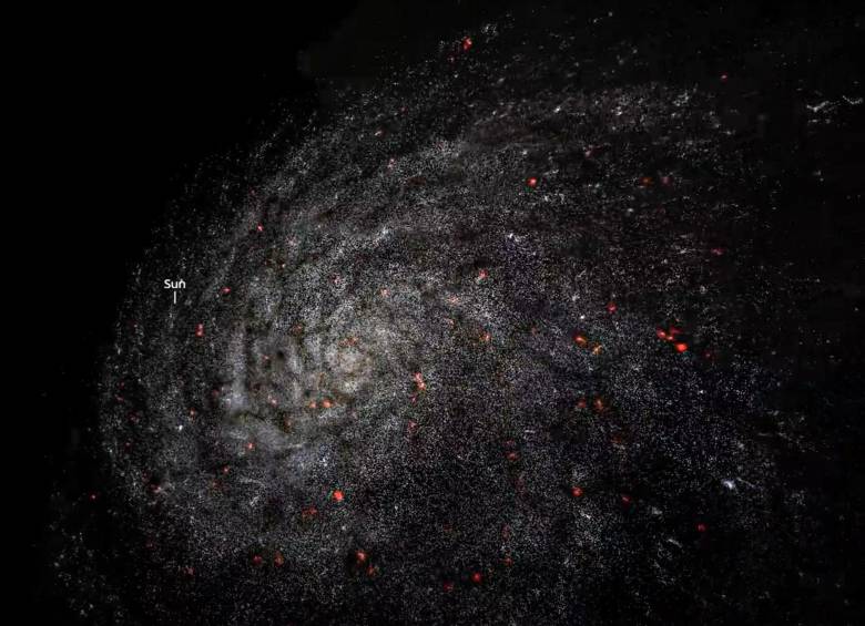 Galaxia Vía Láctea, con la ubicación del Sol. Astrofísicos mundiales publicaron el mapa 3D más grande del universo. FOTO: AFP