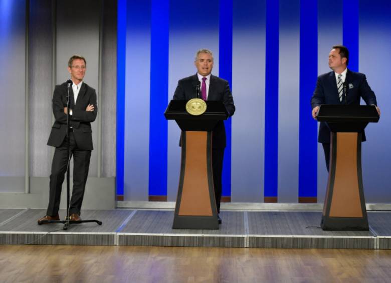 Emilio Archila, alto consejero para la Estabilización y Consolidación; Iván Duque, presidente de Colombia, y Carlos Ruíz Massieu, jefe de la Misión de la ONU en Colombia. FOTO COLPRENSA