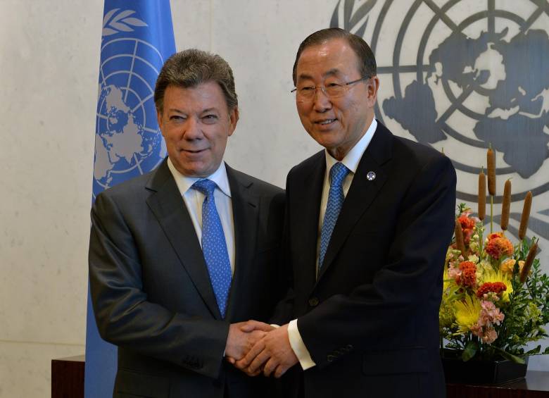 El presidente de Colombia, Juan Manuel Santos, con el secretario general de la ONU, Ban Ki-Moon. 