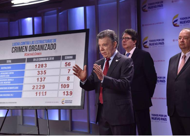 El mandatario resaltó la incautación de 9.3 toneladas de cocaína; en lo corrido del 2016 se alcanzó un nuevo record con 111 toneladas de cocaína incautadas. CORTESÍA PRESIDENCIA