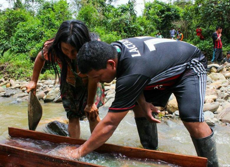Canalones como estos hacen parte de la dotación que se les entregó a los indígenas del Occidente antioqueño para que ejerzan su actividad de manera limpia. FOTO cortesía secretaría de minas 