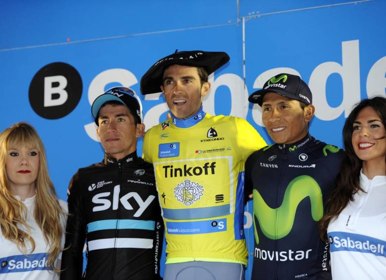 Así quedó conformado el podio de la Vuelta al país Vasco, Henao y Nairo escoltando a Contador. FOTO COLPRENSA