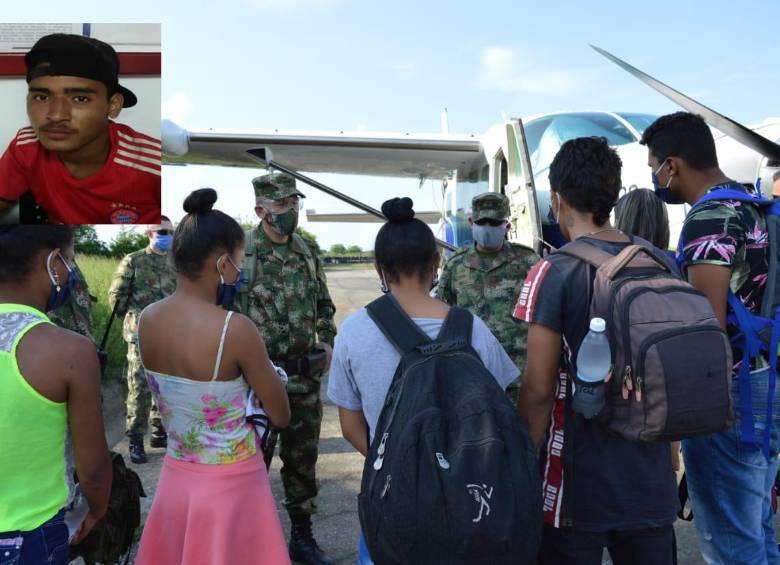 Los menores fueron traídos a Medellín y entregados al ICBF. En el recuadro, alias Jordán. FOTOS CORTESÍA EJÉRCITO