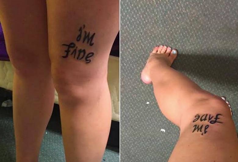 El tatuaje de Rebekah Miles, dice I’m fine (Estoy bien), pero si se mira al revés (desde la perspectiva de la joven) dice Save me (Sálvame). FOTO CORTESÍA