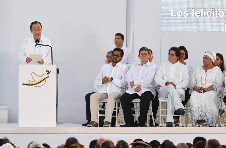 El secretario general de las Naciones Unidas, Onu, Ban Ki-moon, llegó este lunes 26 de septiembre a Cartagena para la firma de acuerdo final. FOTO AFP
