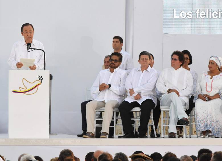 El secretario general de las Naciones Unidas, Onu, Ban Ki-moon, llegó este lunes 26 de septiembre a Cartagena para la firma de acuerdo final. FOTO AFP
