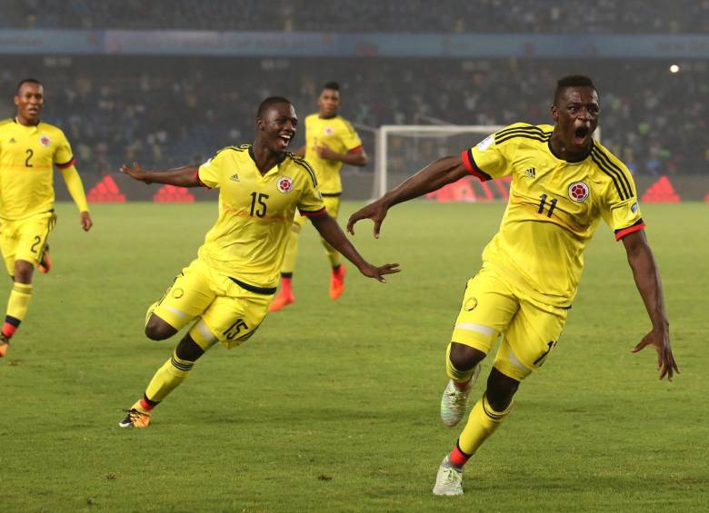 Juan S. Peñaloza es un delantero veloz y hábil. Este año, con la Selección Antioquia juvenil, se consagró campeón nacional en Cartagena. Ayer celebró en India el 2-1 de Colombia. FOTO EFE