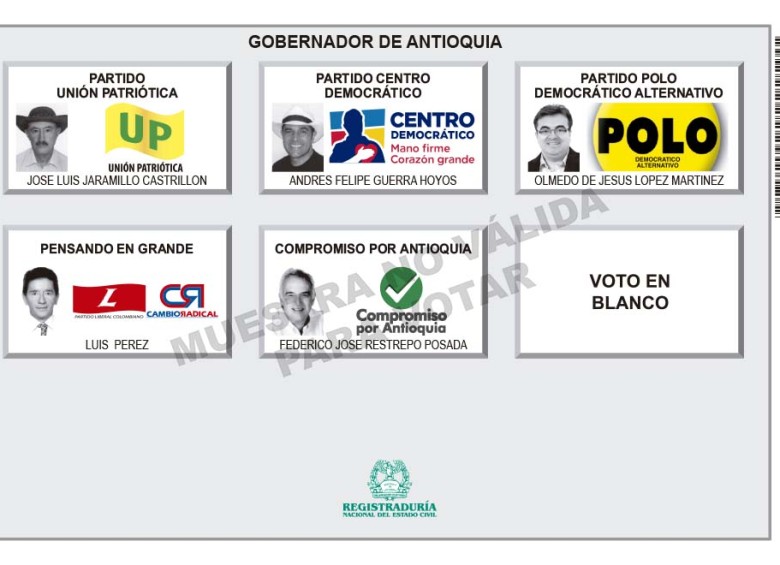 Así será el tarjetón para elegir al próximo Gobernador de Antioquia. IMAGEN CORTESÍA REGISTRADURÍA.