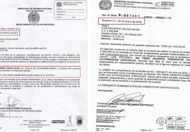 Algunas de las respuestas remitidas por la Policía en 2014 y 2016, al abogado de Luis Úsuga, en las que señalan que no tiene antecedentes penales y que se trata de un aparente caso de homonimia. FOTO: CORTESÍA.