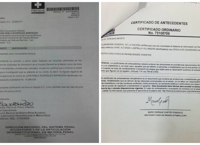 Documentos como estos señalan que a la fecha estos dos altos mandos no presentan investigaciones en curso. FOTO CORTESÍA