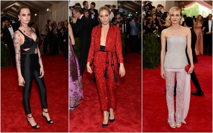 Decidieron llevar pantalón a la gala benéfica. Cara Delevingne, Sienna Miller y Diane Kruger. FOTOS AP y AFP