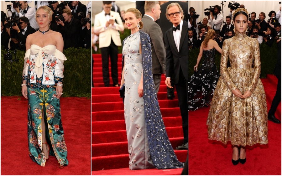Trataron de llevar la inspiración china al vestuario. Chloe Sevigny, Emily Blunt y Courtney Eaton. FOTOS AP