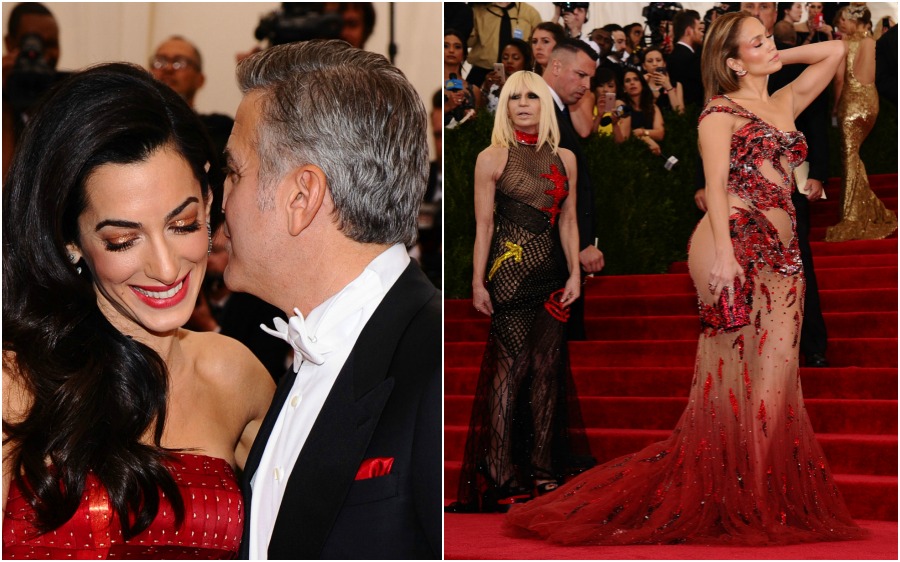 George Clooney y Amal estuvieron muy cariñosos en la gala. A la derecha: Donatella Versace verifica que el vestido que diseñó para Jennife López esté bien para las fotos. FOTOS AP