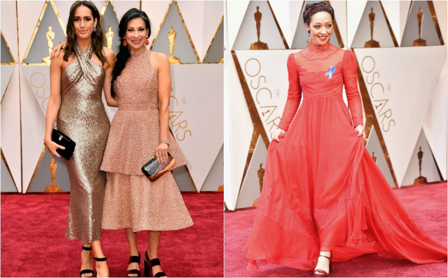 A la izquierda, las reconocidas asesoras de imagen Louise Rose y Stacy London. A la derecha, la nominada a Mejor Actriz Ruth Negga. FOTOS AFP