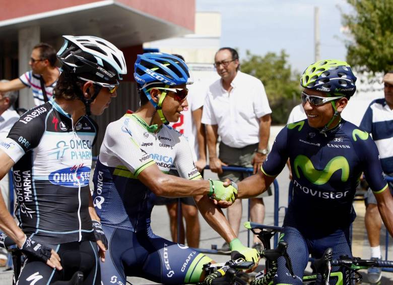 Nairo Quintana (derecha) aparece segundo en el ránking individual de la UCI. Las actuaciones de Esteban Chaves (centro) y Rigoberto Urán (izquierda) en el Giro elevaron a Colombia a la segunda posición del escalafón por países. FOTO ARCHIVO