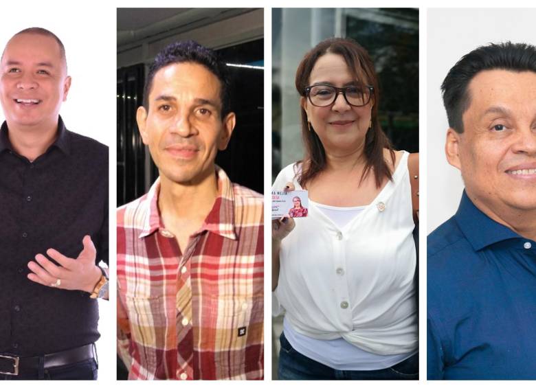 De izquierda a derecha: Jorge Gutiérrez, Luis Guillermo Hoyos y Gemma Mejía, candidatos a la Alcaldía de Medellín. Luego Juan Esteban Mejía, candidato a la Gobernación de Antioquia. FOTOS Cortesía