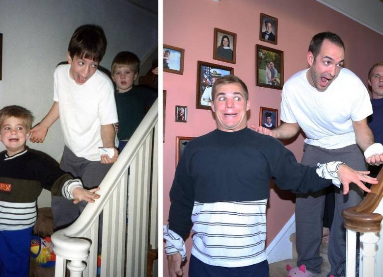 Los hermanos MacMillan de Pennsylvania, Estados Unidos, recrearon fotos de su infancia como adultos. FOTO Matt MacMillan