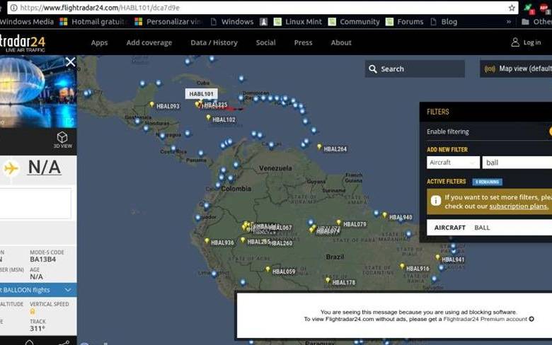 En la aplicación Flightradar24 se puede rastrear el tráfico aéreo alrededor del mundo, incluidos estos globos. Debe buscarlos en el filtro como HAB, lo que significa High Altitude Balloon. FOTO: Pantallazo