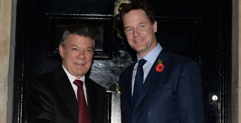 El presidente Juan Manuel Santos se reunió con el primer viceministro inglés, Nick Clegg. FOTO COLPRENSA