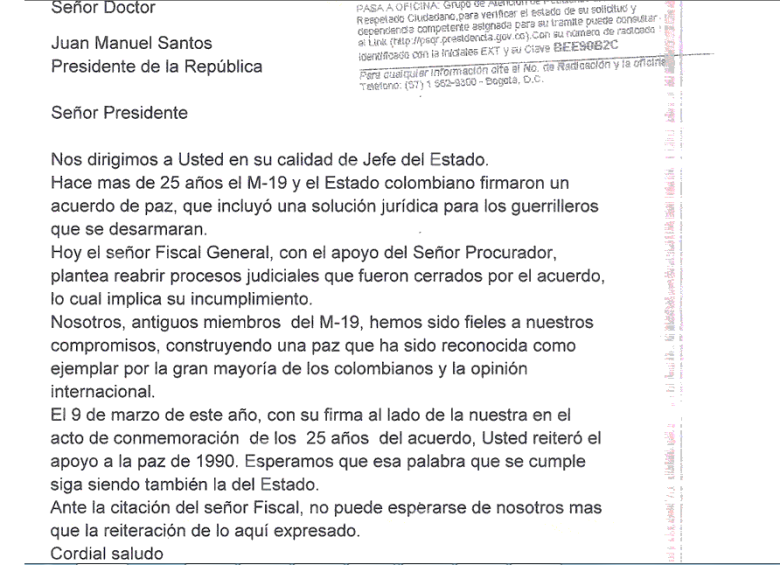 Esta es la carta que los exmiembros del M-19 le enviaron al presidente Santos.