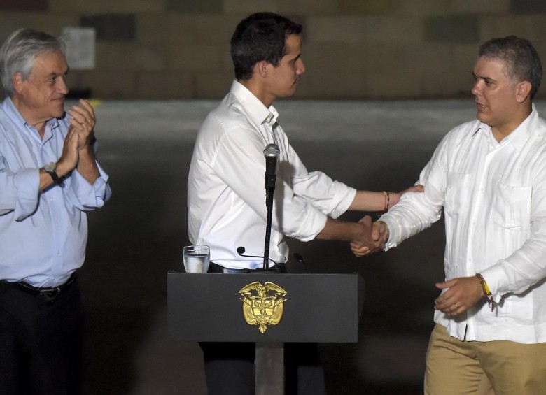 Sebastián Piñera, presidente de Chile; Juan Guaidó, presidente interino de Venezuela; e Iván Duque, presidente de Colombia. FOTO: AFP