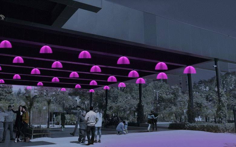 Los techos de los espacios abiertos se decorarán con 140 lámparas de fibra óptica de un metro de diámetro. IMAGEN CORTESÍA EPM