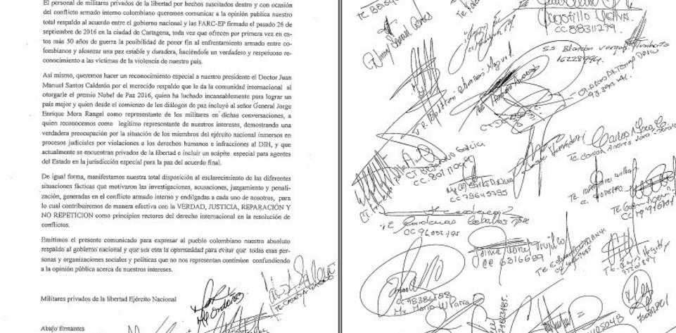 Esta es la misiva que firmaron más de 30 militares presos en apoyo a los acuerdos de La Habana. 