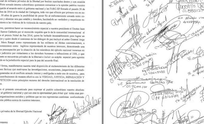 Esta es la misiva que firmaron más de 30 militares presos en apoyo a los acuerdos de La Habana. 