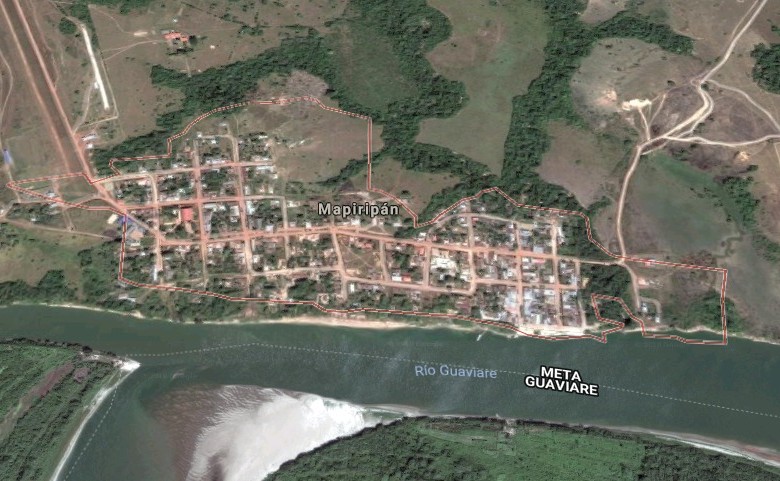 A orillas del río Guaviare, el municipio de Mapiripán está ubicado en el sur del Meta. FOTO GOOGLE MAPS