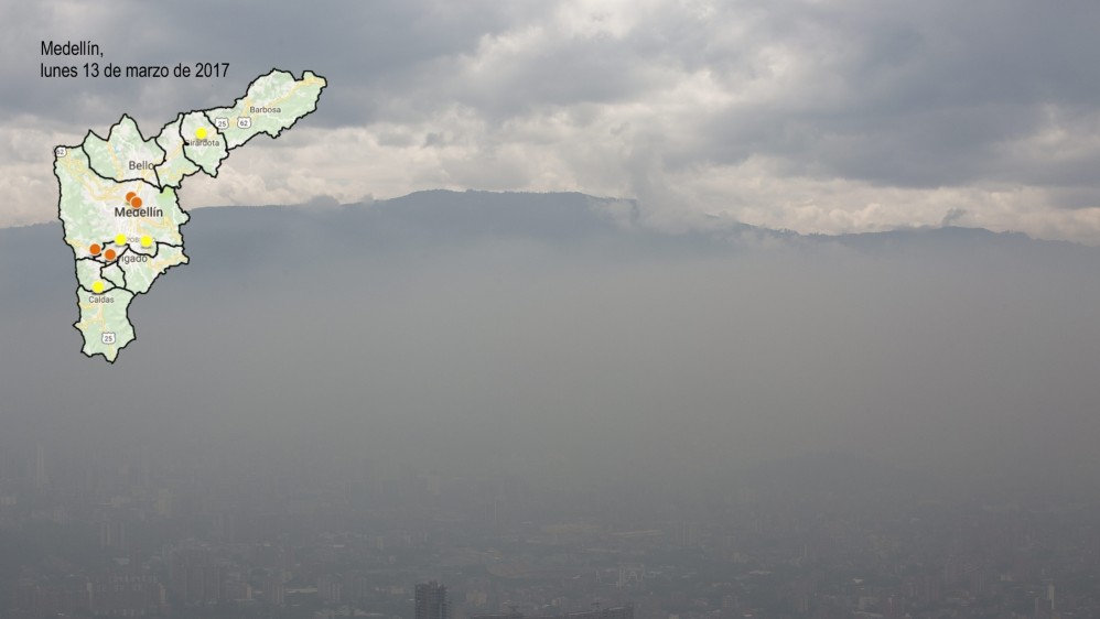 Vea en el mapa del Valle de Aburrá cómo estaban ese día las estaciones de monitoreo del Siata. Verde es buena calidad del aire, amarillo, moderada; naranja, dañina para grupos sensibles, y roja, dañina para la población en general. FOTO MANUEL SALDARRIAGA