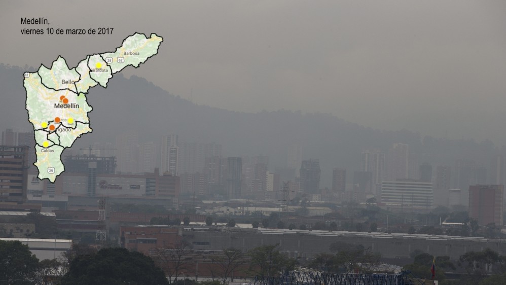 Vea en el mapa del Valle de Aburrá cómo estaban ese día las estaciones de monitoreo del Siata. Verde es buena calidad del aire, amarillo, moderada; naranja, dañina para grupos sensibles, y roja, dañina para la población en general. FOTO EDWIN BUSTAMANTE