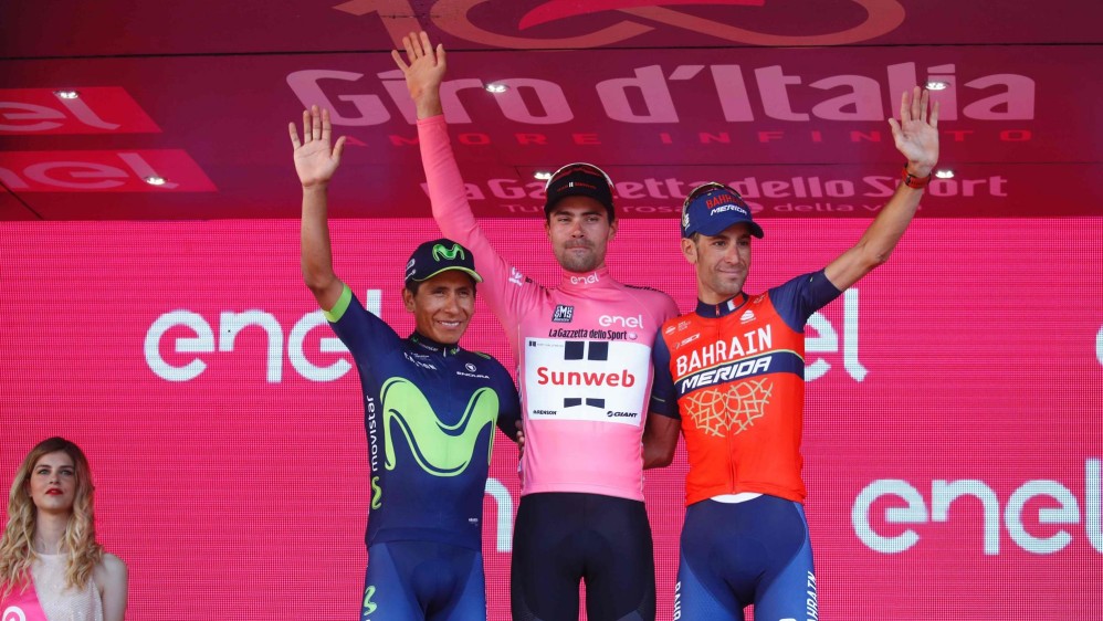 Dumoulin, Quintana y Nibali, el podio del Giro de Italia 2017. FOTO AFP